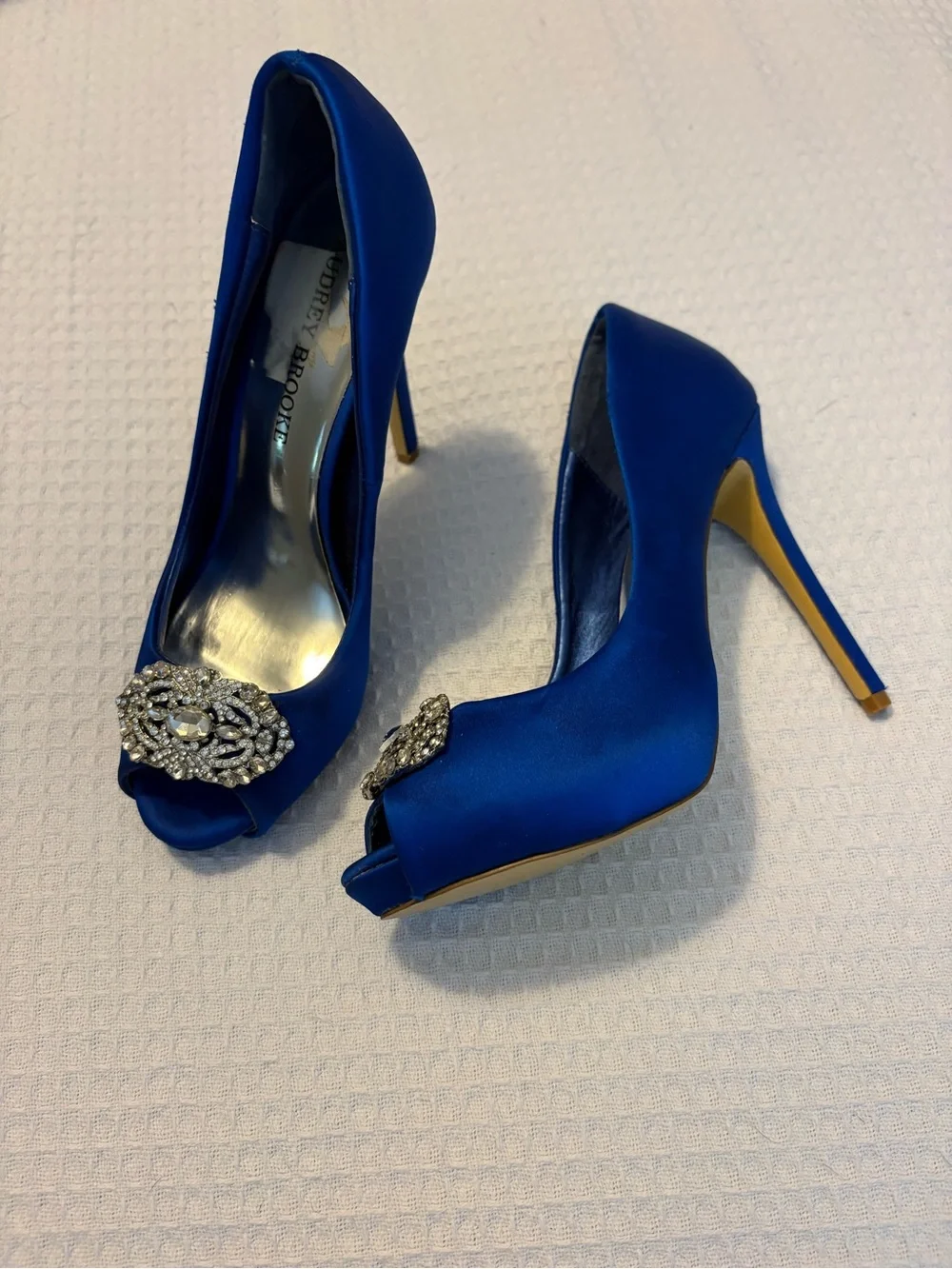 Audrey Brooke Cobalt Blue Satin Peep-Toe Heels with Crystal Embellishment